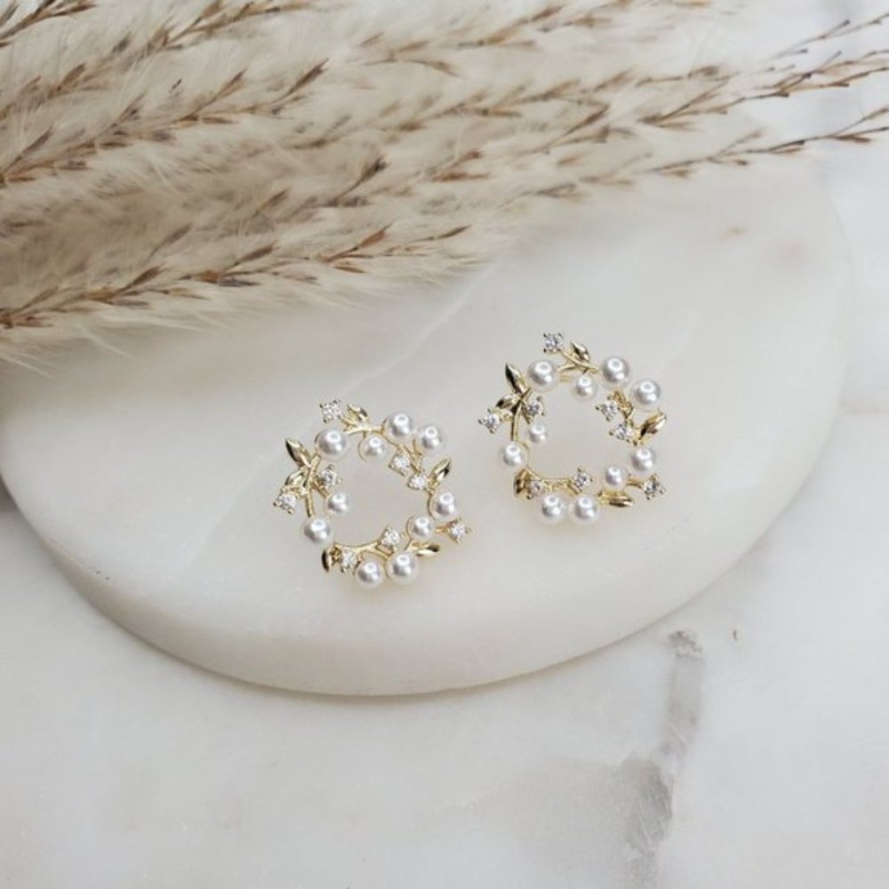 Gold Pearl & Crystal Halo Earrings